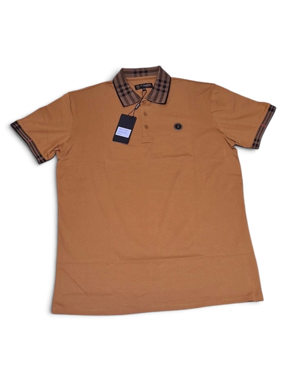 Men's Tan Polo with Plaid Collar and Cuff Details
